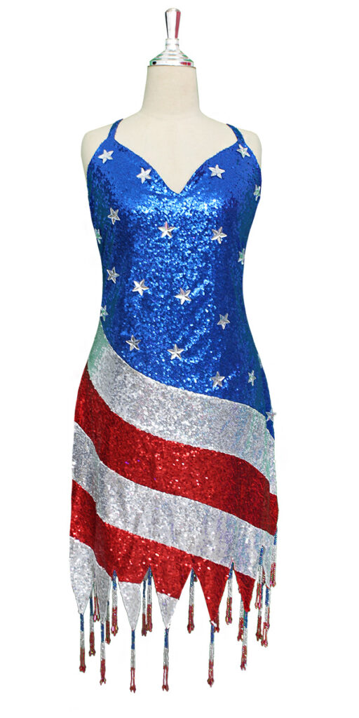 Short Sequin Fabric Dress In USA Flag Pattern with Jagged Beaded Hemline