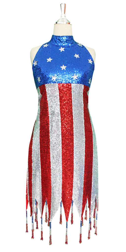 Short Sequin Fabric Dress In USA Flag Pattern with Jagged Beaded Hemline and Halter Neck