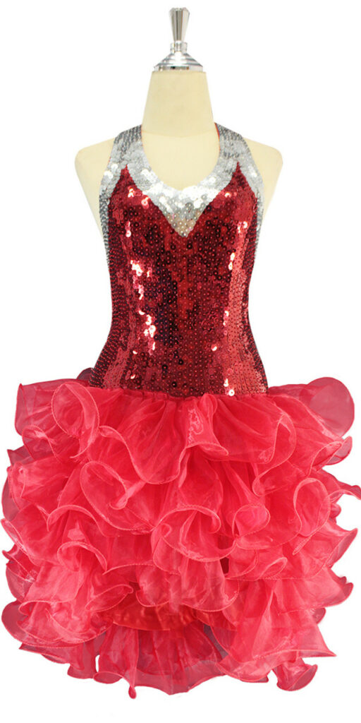 Handmade Short Red and Silver Sequin Dress with Organza Ruffle Skirt