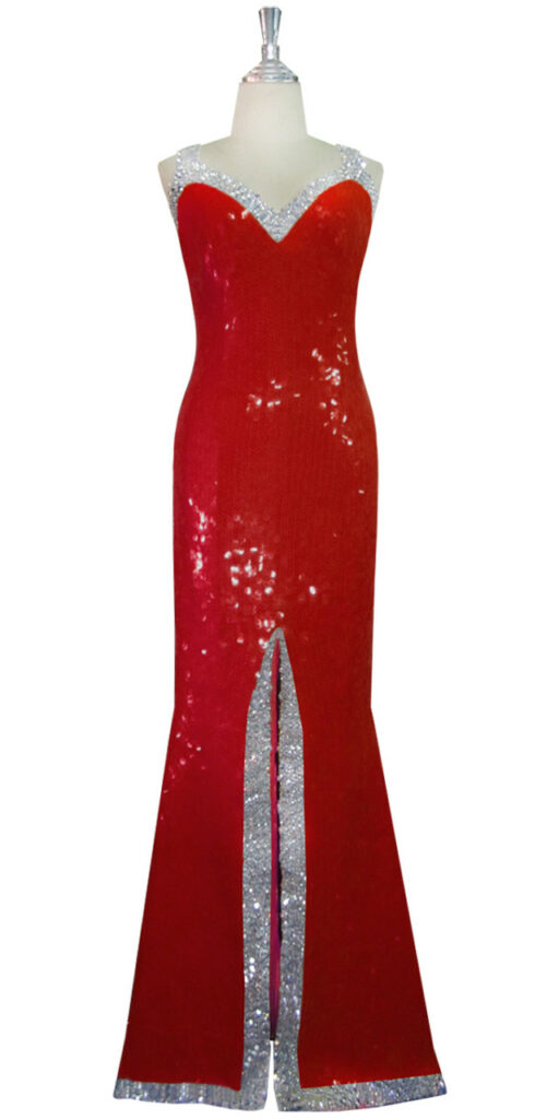 Long Transparent Handmade Sequin Gown in Red with Silver Trim