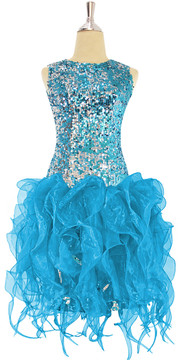 Show Choir Short Turquoise Sequin Fabric Dress With Turquoise Strips Ruffle Skirt