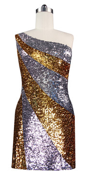 Show choir short patterned dress in metallic silver and gold sequin fabric in a one-shoulder cut