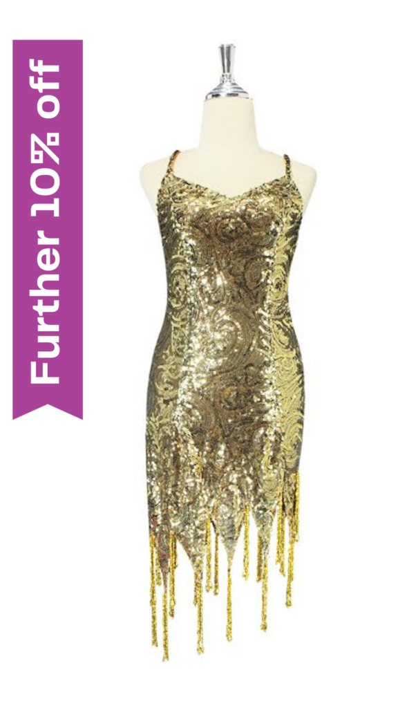 Short Gold Baroque Sequin Fabric Dress With Jagged Beaded Hemline