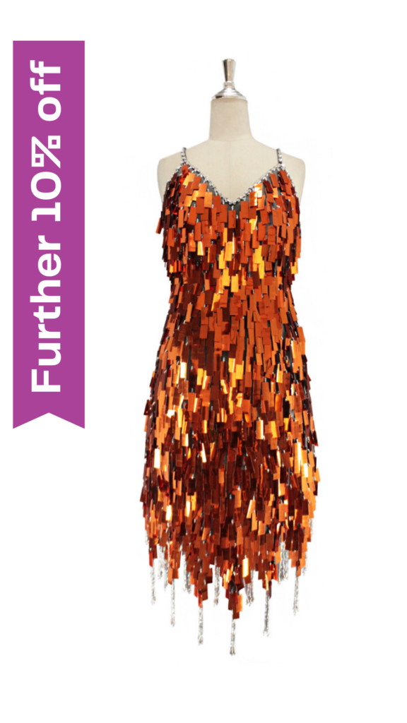 Short handmade sequin dress, in rectangular copper paillette sequins