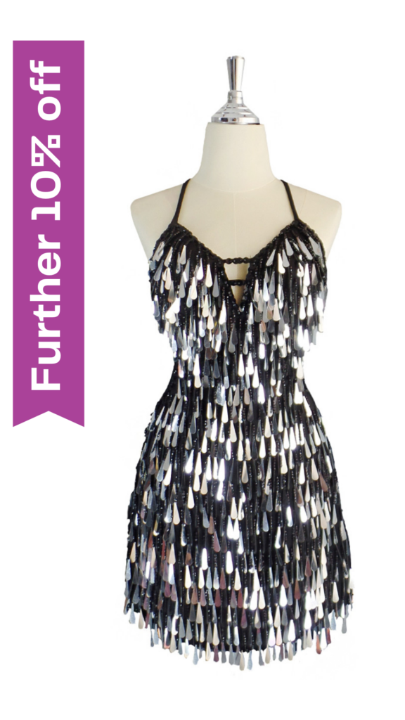 Short handmade sequin dress with tear-drop shaped metallic silver paillette sequins black faceted beads