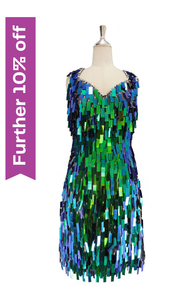 Short handmade sequin dress, in rectangular iridescent green paillette sequins