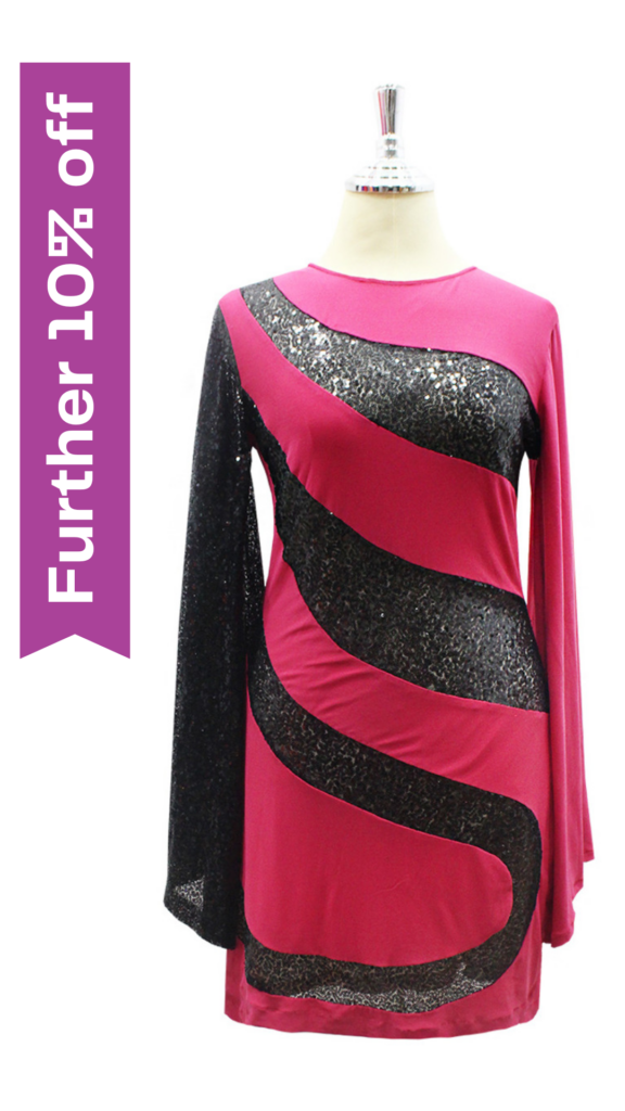 Short Red Stretch Fabric and Black Sequin Fabric Dress With Long Bell Sleeves