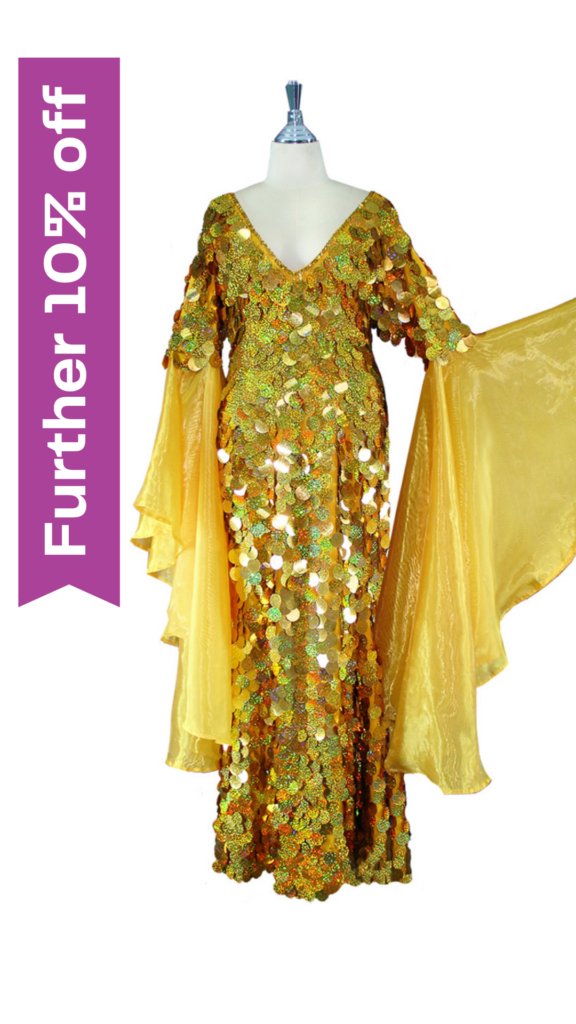 Long Handmade Paillette Sequin Gown in Hologram Gold with Sleeves