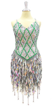 Show Choir Short handmade sequin dress, with Silver and Green hologram Sequins