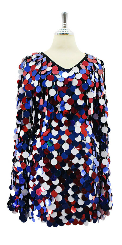 Handmade Short Dress In Blue Red and White Metallic Jumbo Sequins