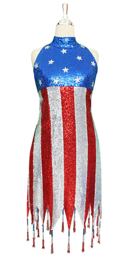 Short Sequin Fabric Dress In USA Flag Pattern with Jagged Beaded Hemline and Halter Neck