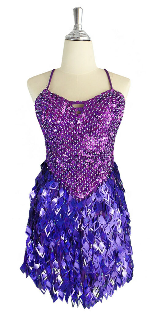 Show choir short handmade sequin dress, with 10mm hologram dark lilac fishscale sequins overlaid with iridescent purple faceted beads