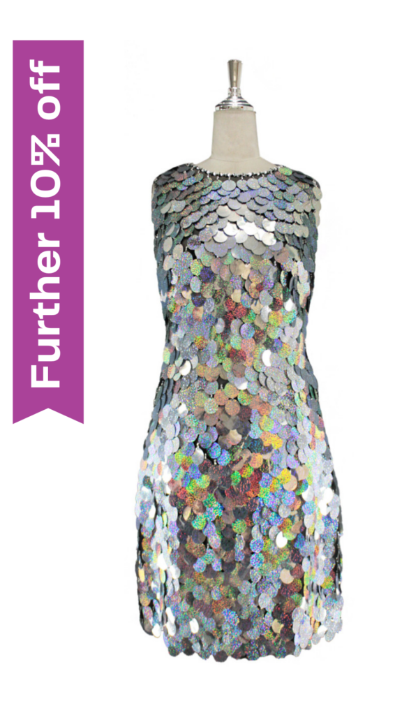 Short handmade sequin dress, in 30mm hologram silver paillette sequins