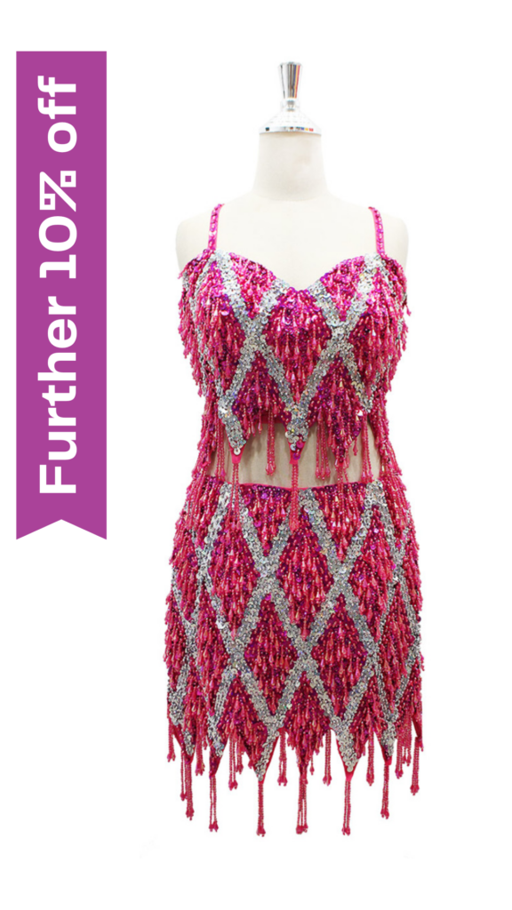 Handmade Short Dress In Hologram 10mm Fuchsia and Silver Sequins with Matching Hanging Beads