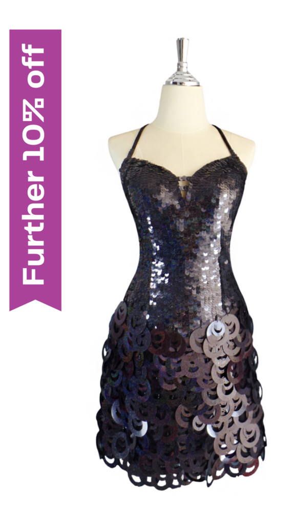 Short handmade sequin dress with 10mm black fishscale sequins on the bodice