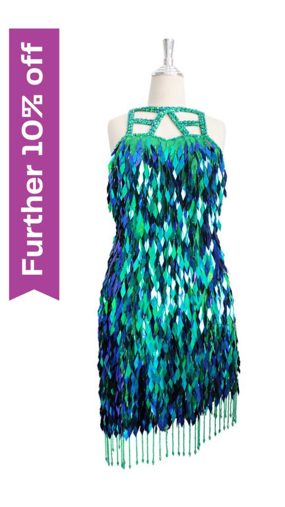 Handmade Short Metallic Sequins Dress In Turquoise with Beaded Hemline