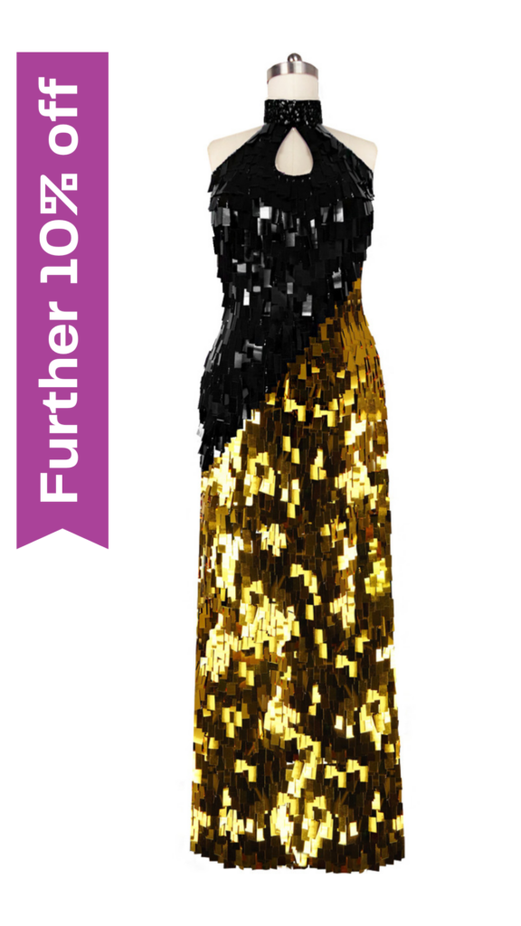 Long Handmade Black And Gold Rectangular Paillette Sequin Dress