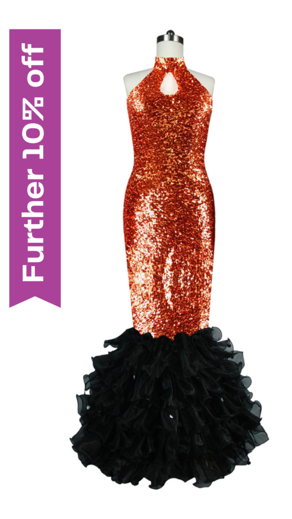 Long dress in metallic copper sequin fabric with black ruffles and keyhole Chinese neckline