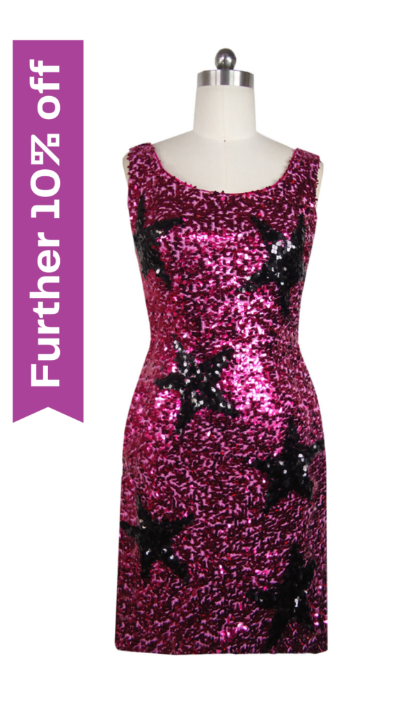 Short Sequin Fabric Dress in Fuchsia with Black Star Pattern