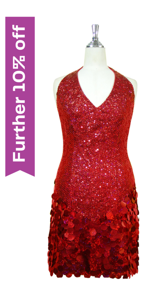 Short Halter Neck Red Handmade Cupped Sequin Dress with Paillette Skirt