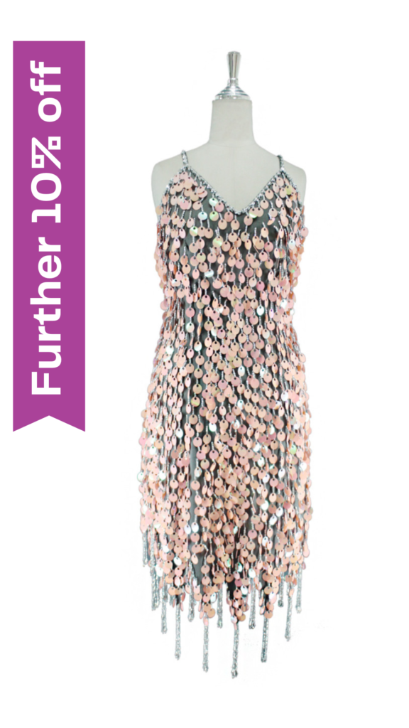 Short handmade sequin dress, in 20mm iridescent peach paillette sequins with silver faceted beads