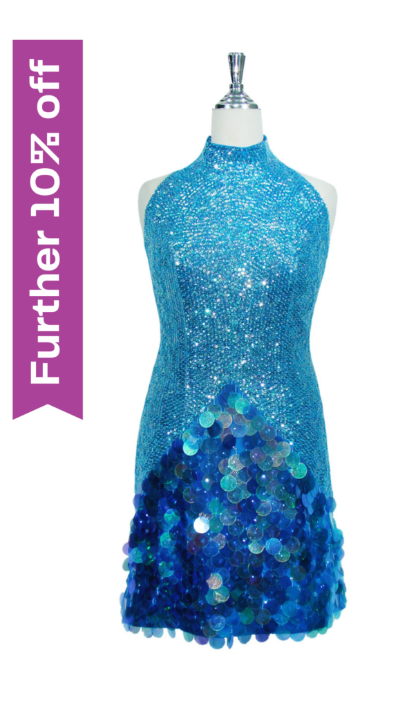 Short Chinese Collar Blue Sequin Dress with Paillette Skirt