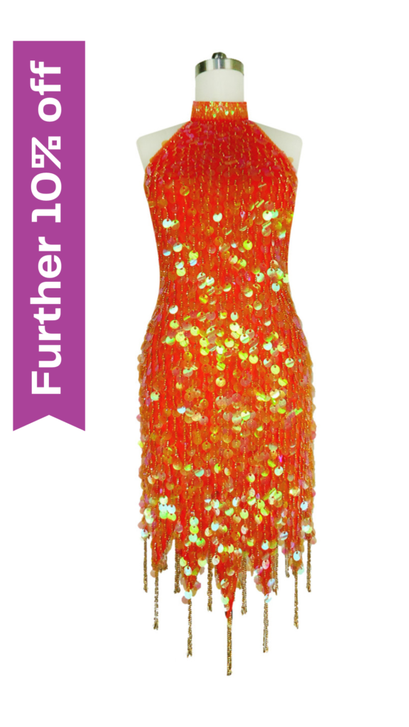 Short Handmade Paillette Transparent Orange Sequin Dress with Chinese Collar