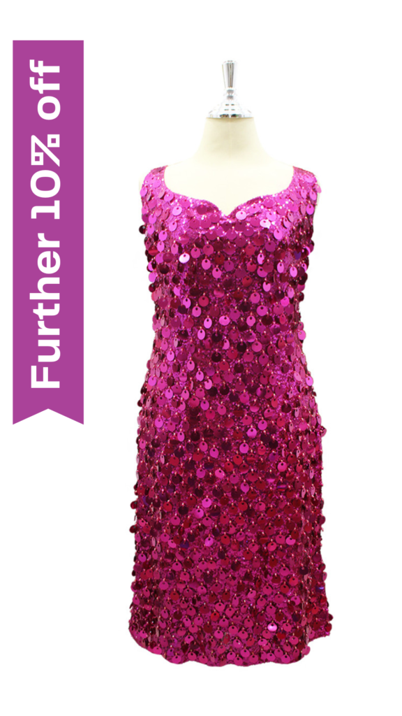 Short Fuschia Sequin Fabric Dress With Hand Sewed Matching Metallic Sequins