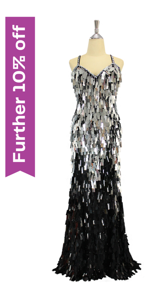 Long handmade sequin dress in rectangular black and metallic silver paillette sequins over black base fabric in a classic flared hemline cut