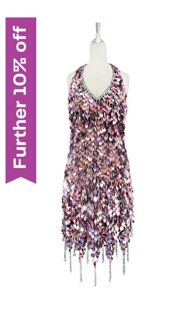 Short handmade sequin dress, in metallic striated fuchsia paillette sequins halter-neck and a jagged beaded hemline