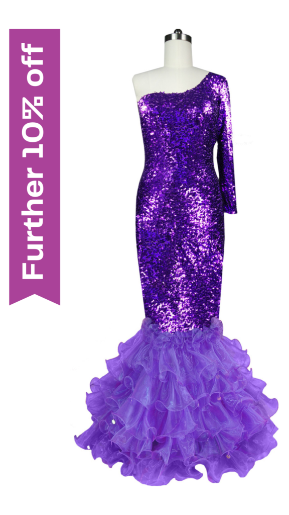 Long dress in metallic purple sequin fabric with purple ruffles and one sleeve cut