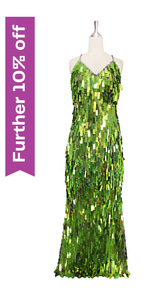 Long handmade sequin dress in rectangular hologram olive green paillette sequins with silver faceted beads in a classic cut