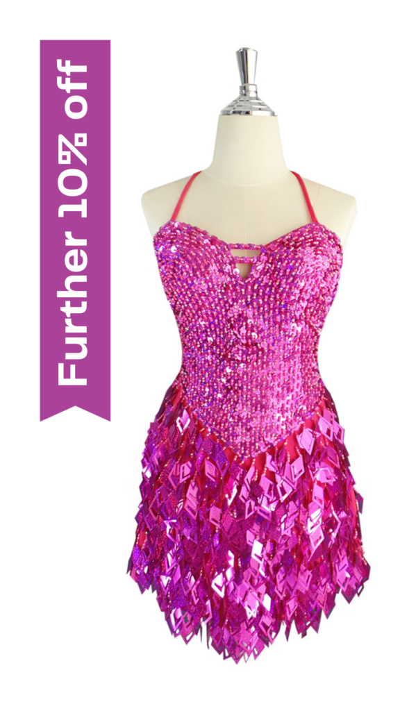 Short handmade sequin dress with 10mm hologram fuchsia fishscale sequins