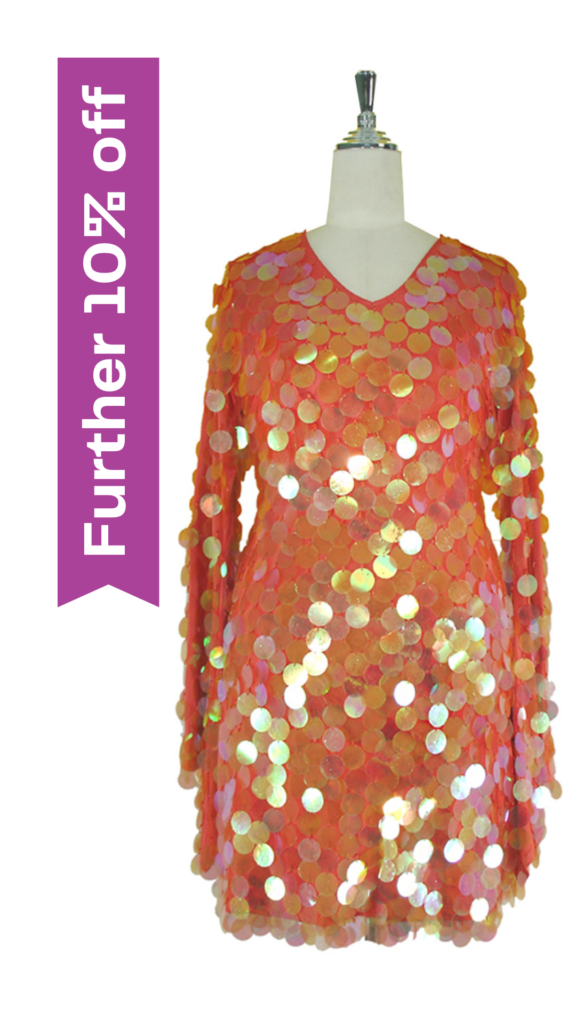 Short Handmade Paillette Iridescent Orange Sequin Dress with Sleeves