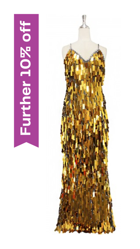 Long handmade sequin dress in rectangular bullion gold paillette sequins with silver faceted beads and a luxe grey fabric background