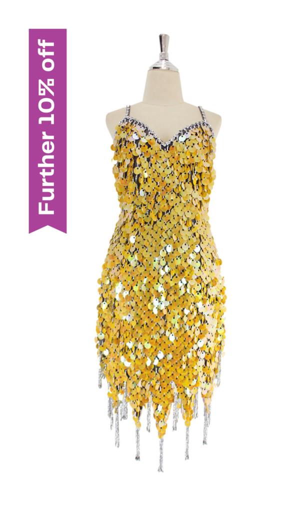 Short handmade sequin dress in yellow pearl paillette sequins