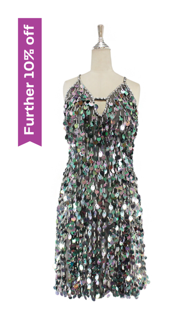 Short handmade sequin dress, in 20mm iridescent grey sequins with silver beads