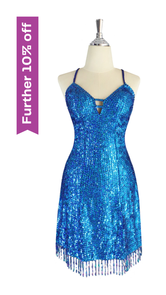 Short handmade sequin dress, in 8mm cupped hologram blue sequins