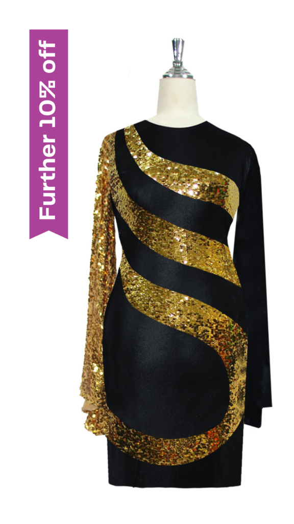 Short patterned dress in metallic gold sequin spangles fabric and stretch black fabric with oversized sleeves