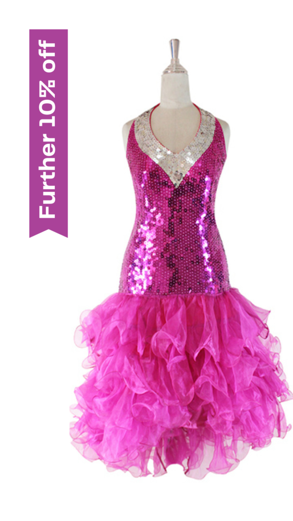 Short Hand Made Sequin Dress In Fuchsia And Silver With Fuchsia Ruffle Skirt