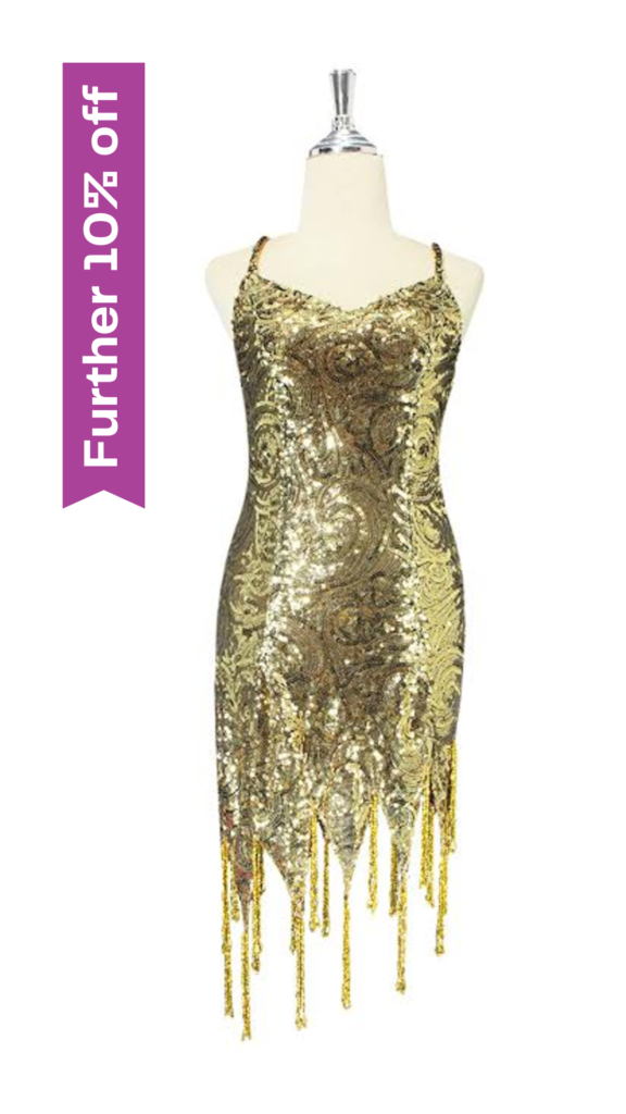 Short Gold Baroque Sequin Fabric Dress With Jagged Beaded Hemline