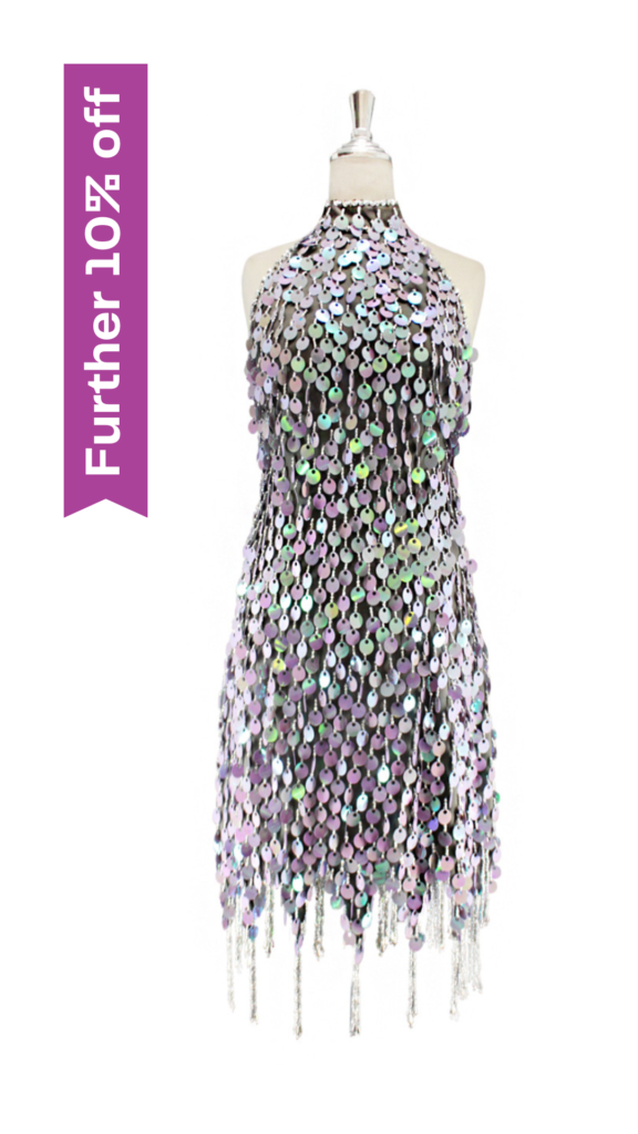 Short handmade sequin dress in pearl iridescent lilac paillette sequins with silver faceted beads, chinese collar and jagged, beaded hemline