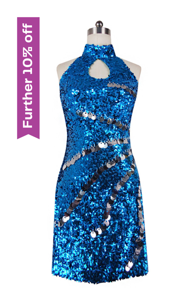 Short Dress With Chinese Collar In Turquoise Sequin Fabric With Hand Sewn Silver Metallic Sequin