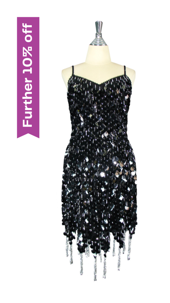 Short Handmade Paillette Black Sequin Dress with Jagged, Beaded Hemline