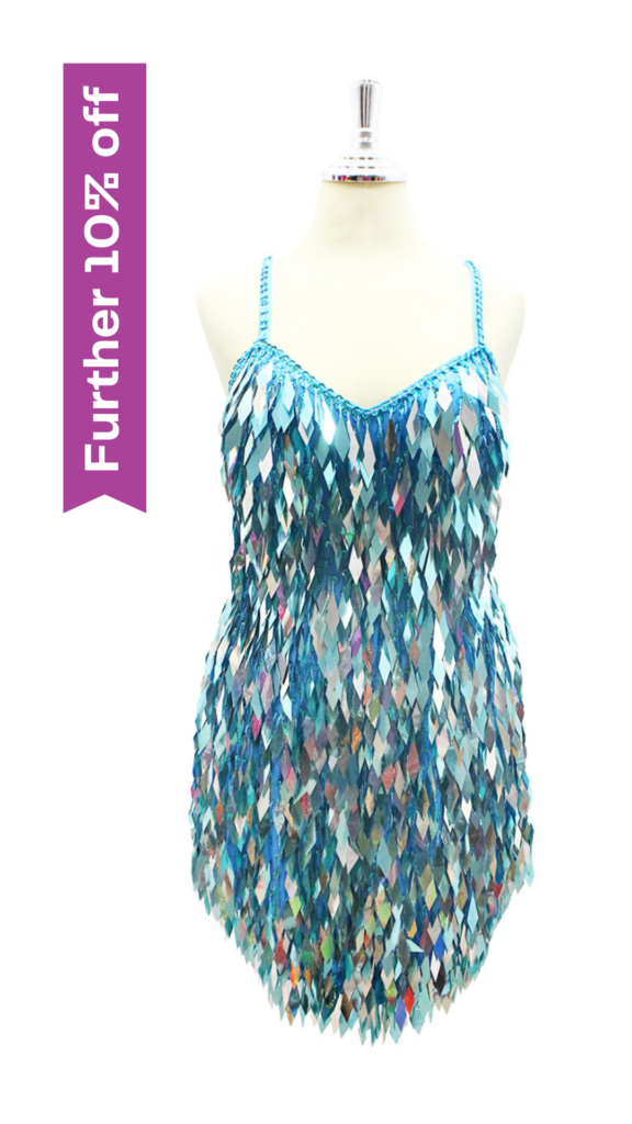 Handmade Short Metallic Diamond Shapped Sequins Dress In Torquoise Blue and Silver