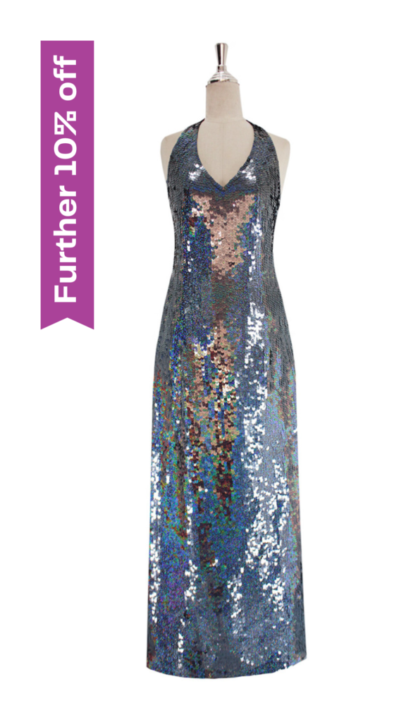 Long handmade sequin dress, in 10mm iridescent gray sequins