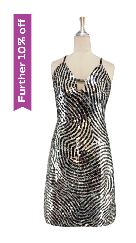 Short handmade sequin dress, in 10mm black and metallic silver swirl patterned sequins