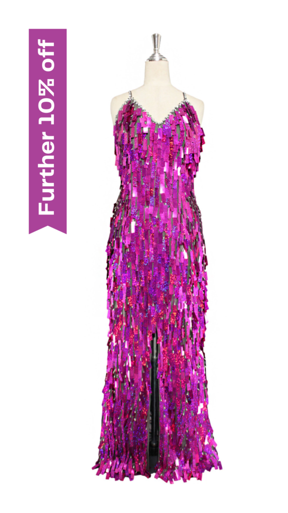 Long handmade sequin dress in rectangular hologram fuchsia paillette sequins with silver faceted beads and a luxe grey fabric background