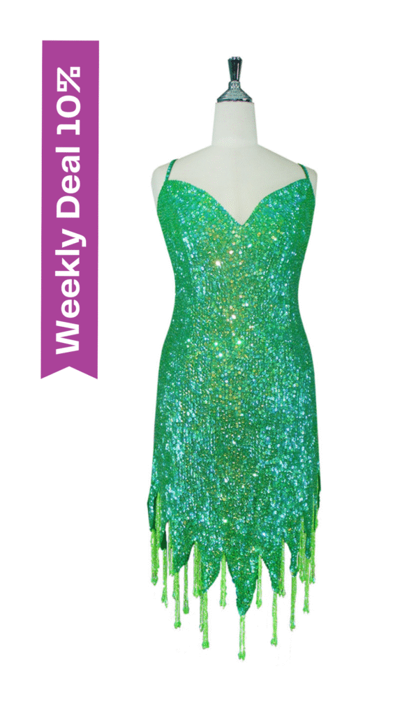 Short Handmade Sequin Dress Iridescent Green with Beaded Hemline