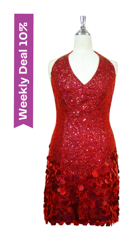 Short Halter Neck Red Handmade Cupped Sequin Dress with Paillette Skirt